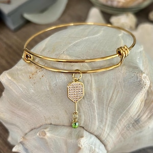 Pickleball Paddle Bangle Bracelet with Peridot Charm, Pickleball Enthusiasts Gift Idea, Pave Paddle Charm, Elegant Gift for Pickleballer