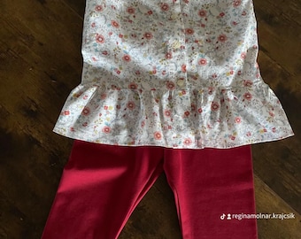 Ensemble tunique en coton à fleurs et leggings en jersey rouge pour fille, haut à basque style vintage