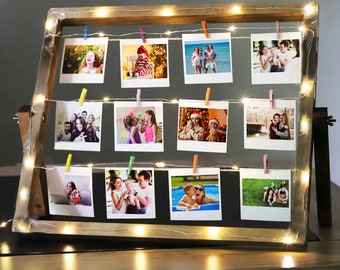 Cadres photo en bois pour plusieurs photos - Cadre photo pour mur - Kit de suspension - Présentoir photo suspendu avec lumière LED