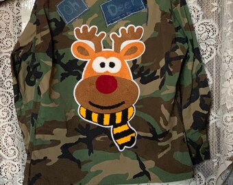 Upcycled Plus Size Military Jacket: Funny Deer Christmas Camo