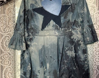 Upcycled Acid Wash Denim Duster Jacket: Boho Festival Style (Size Large)