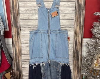 Handmade Repurposed Recycled Reworked Denim Overall Dress for a Sustainable Future. Hippie, Western Gypsy. One of A Kind. Size Large