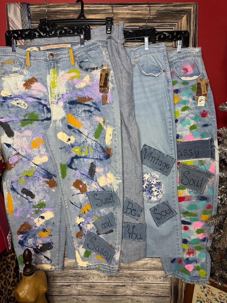 Jean en denim peint à la main et délavé à l'acide, inspiré des peuples libres, Magnolia Jaded Gypsy comme des impertinentes. Taille 16 image 4