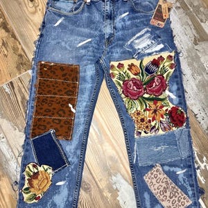 Artisan Reworked Hand Created Upcycled Recycled Vintage Mens Levi Denim Jeans Inspired by Free People Magnolia Jaded Gypsy Sassy Britches bild 1