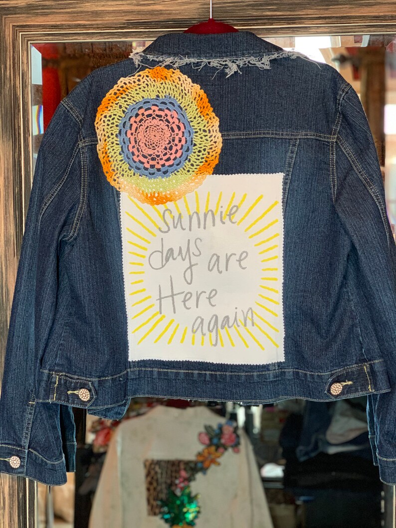 Upcycled Recycled Gypsy Hippie Denim Jacket Ooak Boho TShirt Graphic Vintage Crochet