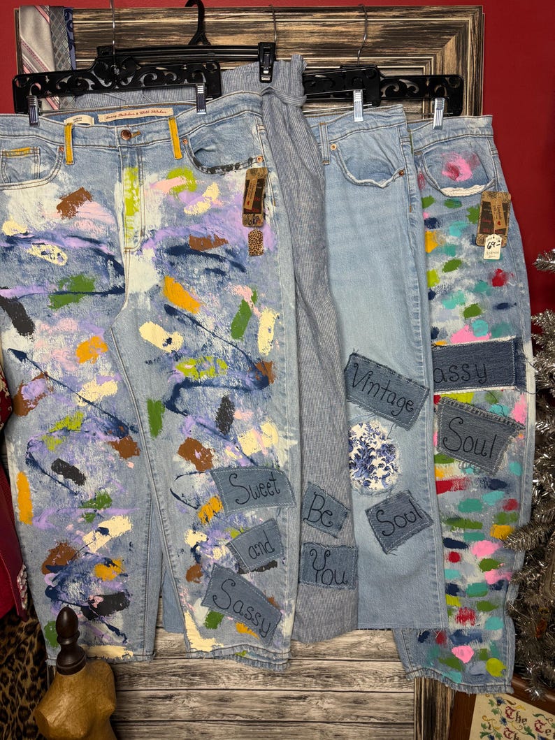 Reworked Hand Created Painted Barrel Leg Acidwashed Denim Jeans Inspired by Free People Magnolia Jaded Gypsy Like Sassy Britches image 4