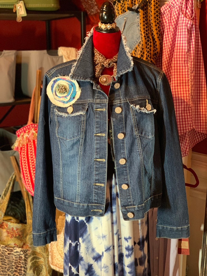 Upcycled Recycled Gypsy Hippie Denim Jacket Ooak Boho TShirt Graphic Vintage Crochet