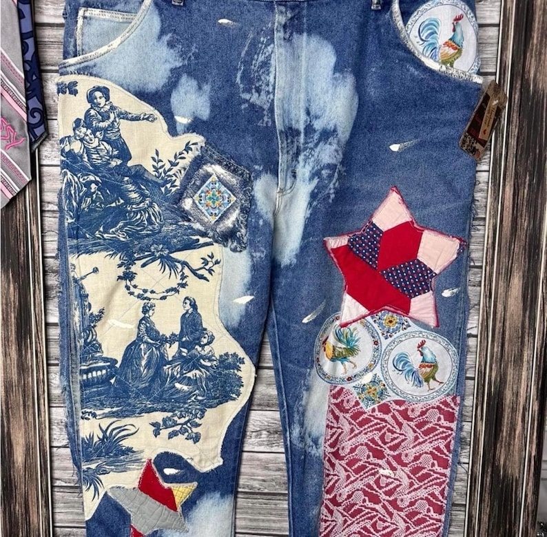 Artisan Reworked Hand Created Upcycled Recycled Vintage Mens Levi Denim Jeans Inspired by Free People Magnolia Jaded Gypsy Sassy Britches image 1