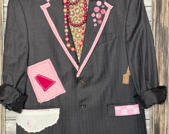 Hantverksmässig vintage återanvändbar återanvändbar hållbar handgjord unik herrkavaj/jacka med denim och spets rosa gepard
