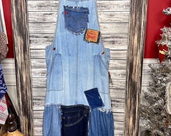 Handmade Repurposed Recycled Reworked Levi’s Denim Jean Overall Dress for a Sustainable Future. One of A Kind. Wearabke Art