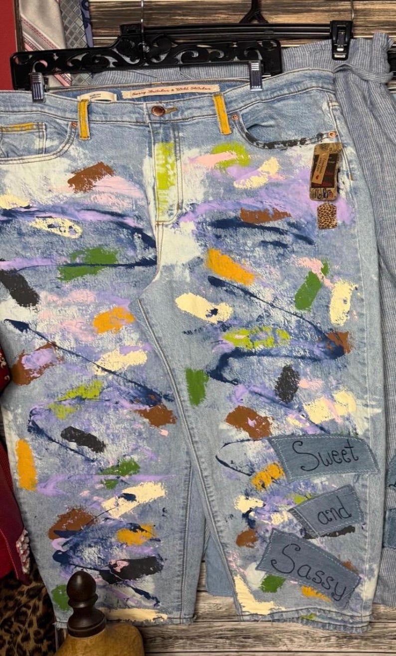 Reworked Hand Created Painted Barrel Leg Acidwashed Denim Jeans Inspired by Free People Magnolia Jaded Gypsy Like Sassy Britches image 1