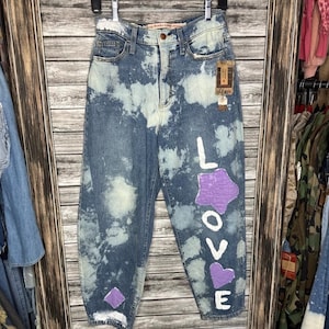 Reworked Hand Created Painted Barrel Leg Acidwashed Denim Jeans Inspired by Free People Magnolia Jaded Gypsy Like Sassy Britches image 1