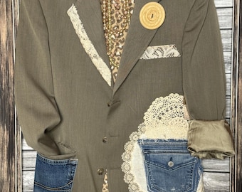 Hantverksmässig vintage återanvändbar återanvändbar hållbar handgjord unik herrkavaj/jacka med denim och spets