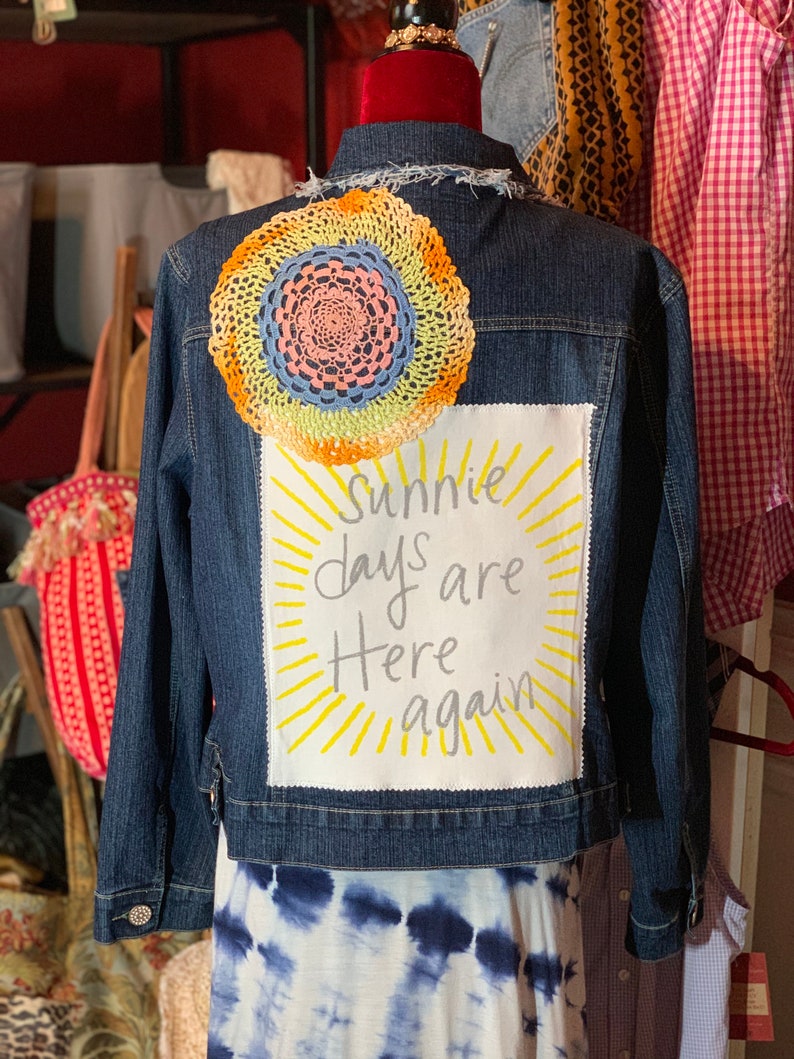 Upcycled Recycled Gypsy Hippie Denim Jacket Ooak Boho TShirt Graphic Vintage Crochet