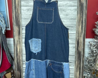 Handmade Repurposed Recycled Reworked Levi’s Denim Jean Overall Dress for a Sustainable Future. One of A Kind. Wearable Art. Size Plus 1X