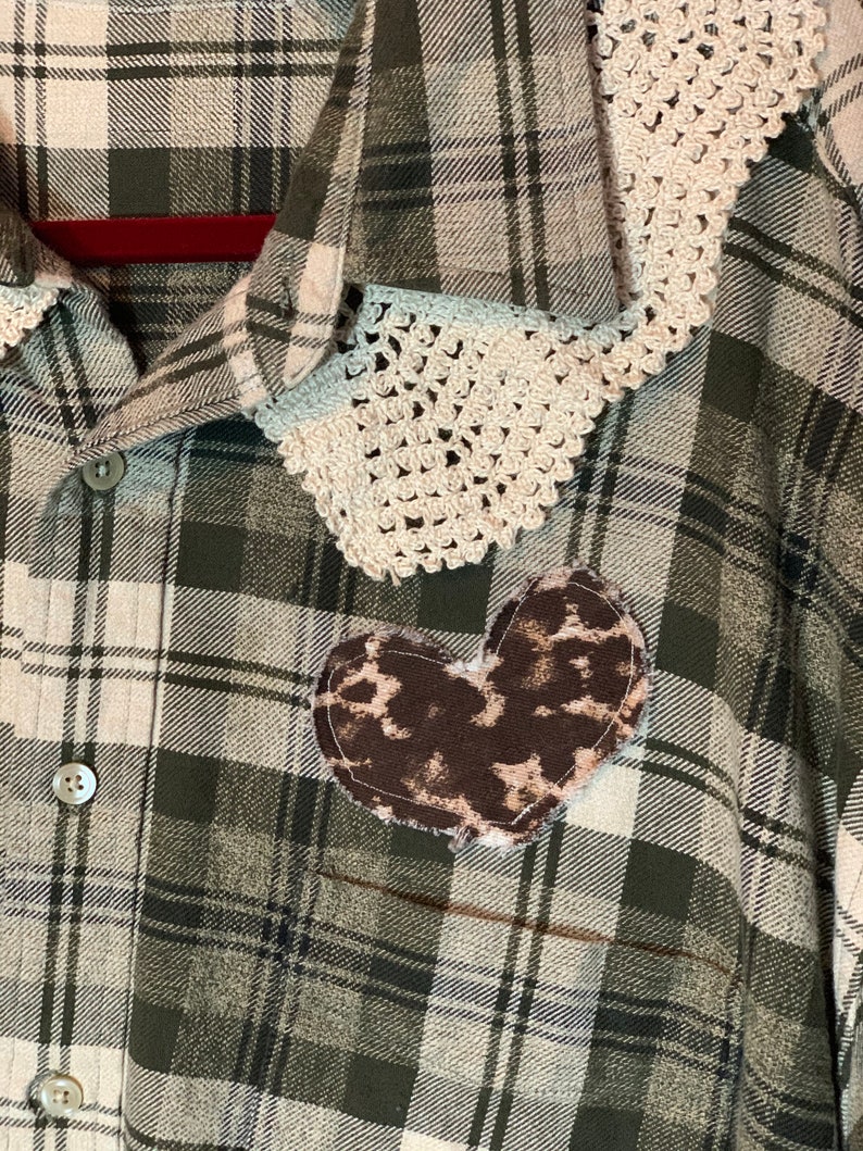 Women/'s Upcycled Recycled Repurposed Vintage Crochet Plaid Flannel Plus Shirt Gypsy Hippie Boho Grunge Retro Festival