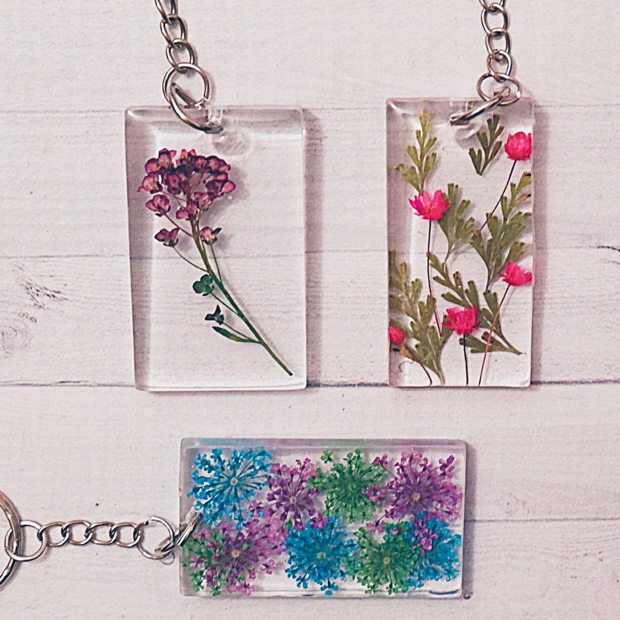 Pink and blue keychain, real pressed flower, flower keychain