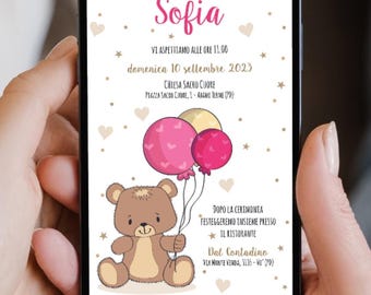 Invitación digital de bautismo de osito de peluche, invitación de bautismo de WhatsApp, invitación de bautismo de bebé, invitación de bautismo de niña, archivo digital de bautismo