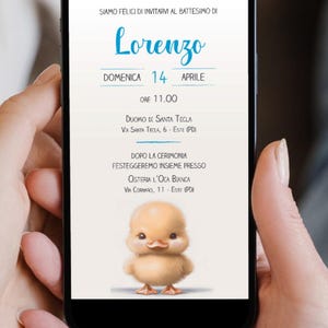 Invito digitale battesimo anatroccolo, invito battesimo WhatsApp, invito battesimo bambino, invito battesimo bambina, file digitale