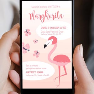Invito digitale battesimo fenicottero, invito battesimo WhatsApp, invito battesimo bambina, file digitale battesimo