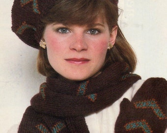 Vintage Knitted Beret Scarf and Mitten Pattern