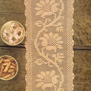 Puede incluir: Camino de mesa rectangular beige tejido a ganchillo con un diseño floral. El camino de mesa está colocado sobre una superficie con dos platos pequeños de productos horneados. El camino de mesa tiene un borde festoneado.