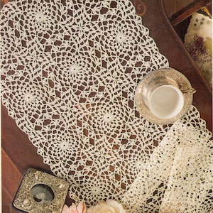 Könnte beinhalten: Ein weißer gehäkelter Tischläufer mit einem zarten Blumenmuster. Der Läufer liegt auf einem Holztisch mit einer silbernen Teetasse und Untertasse, einer kleinen Dekobox und einem Strauß rosa und weißer Rosen.