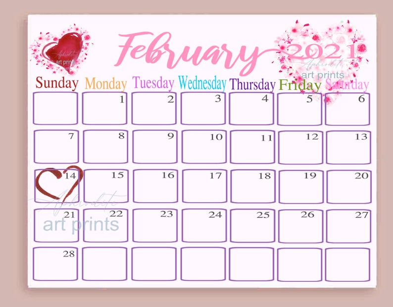Beautiful Calendar February 2021 Valentine theme Planner Etsy