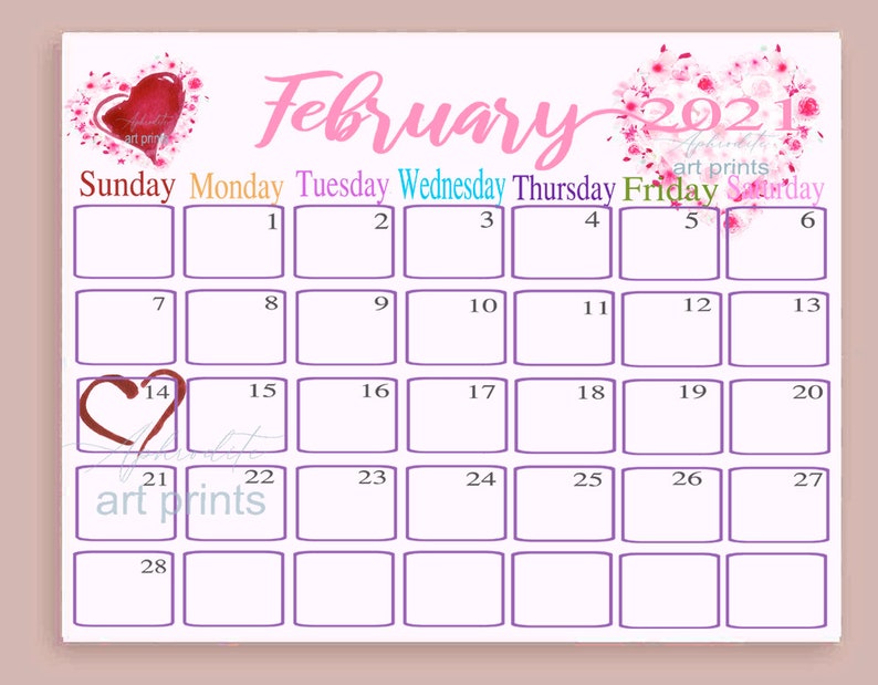 Beautiful Calendar February 2021 Valentine theme Planner Etsy