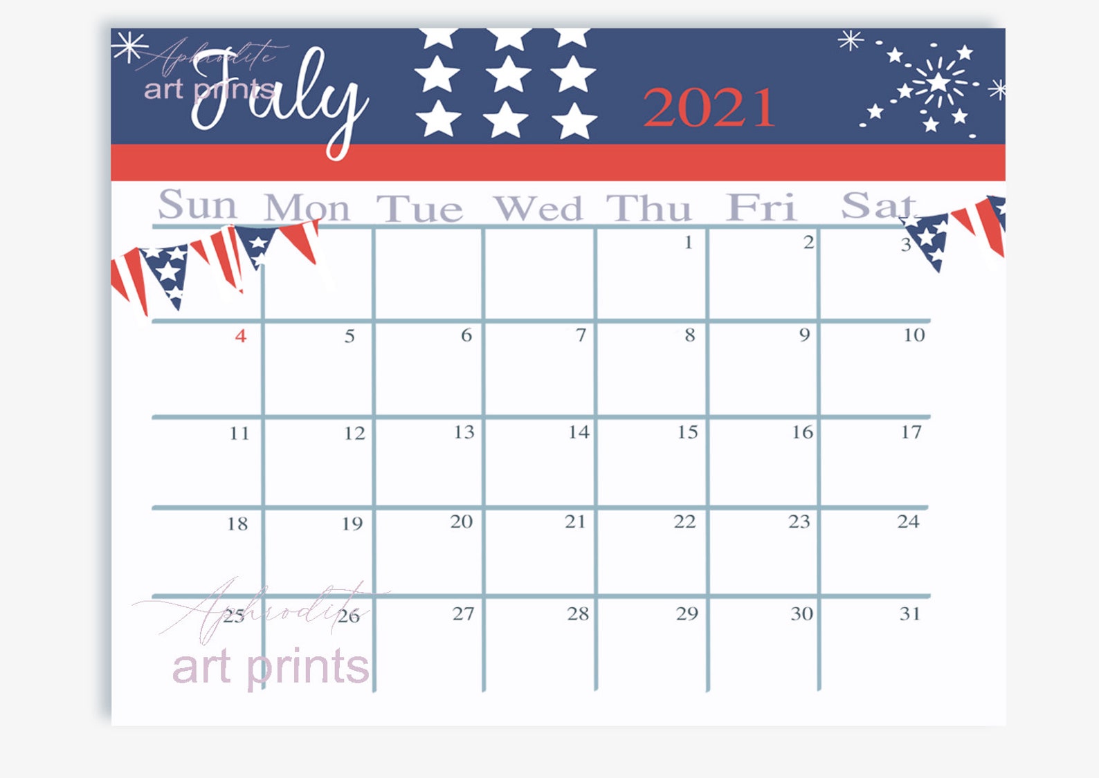 Patriotic JULY 2021 Calendar Printable Planner Page Journal | Etsy