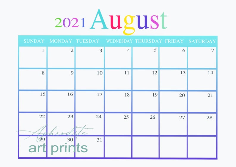 PRINTABLE August Calendar Printable Kids Calendar august | Etsy