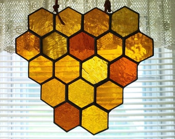 Honeycomb, stained glass honeycomb, beehive, amber stained glass, amber honeycomb, honeycomb suncatcher, gift for bee lover