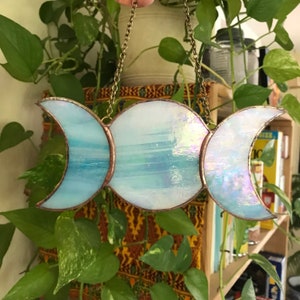 Stained glass triple moon goddess, moon phase, iridescent glass, blue moon