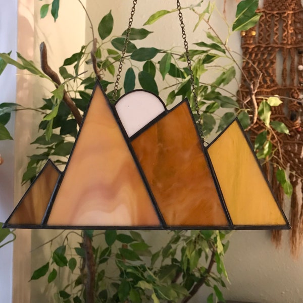 Stained glass mountains, light brown mountains, mountain art. mountain decor, mountain lovers, mountain suncatcher