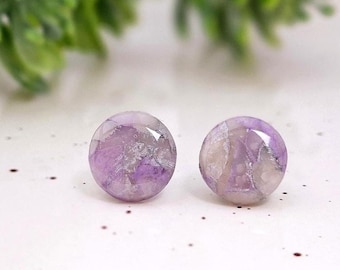 Purple marbled earrings, polymer clay minimalist circle stud
