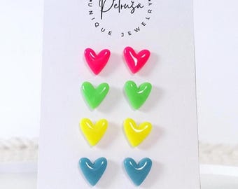 Neon Heart Stud Earrings Set: Polymer Clay, Stainless Steel