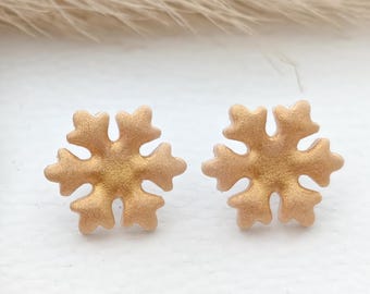 Gold Snowflake Christmas stud earrings, snowflake clay earrings, unique Christmas earrings, handmade Christmas earrings, holiday earrings