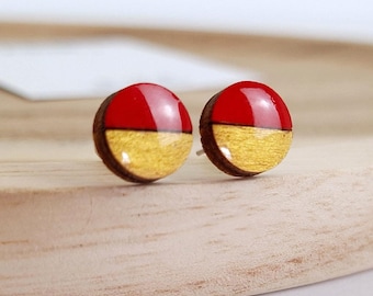 Round  red gold wooden and resin earrings, handmade earrings, unique jewelry