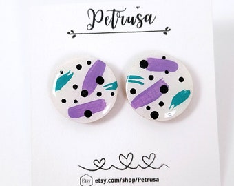 White wooden stud earrings, handmade geometric abstract earrings