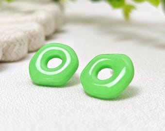 Lime Green Stud Earrings, Polymer Clay Donut Post Earrings, Bright Organic Geometric Jewelry, Glossy Round Circle Hoops, Fresh Gift for Her
