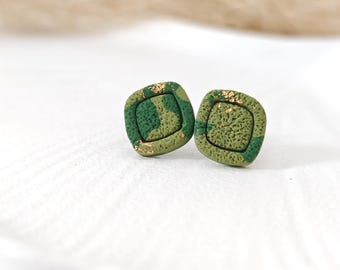 Green Polymer Clay Stud Earrings: Gold Leaf, Square, Minimalist