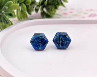 Black and Blue Hexagon Stud Earrings, Abstract Marble Clay Jewelry,  Small Geometric Studs with Resin Gloss, Modern Gift for Her