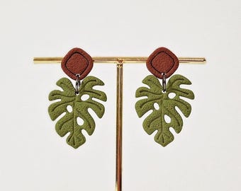 Handmade Polymer Clay Monstera Earrings: Tropical Plant Jewelry