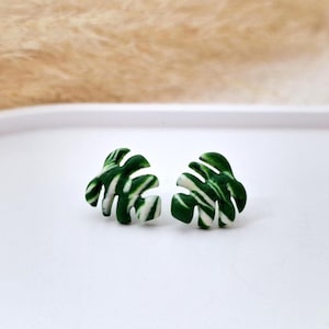 Monstera leaf earrings, monstera albo stud earrings mini posts, botanical jewelry, green houseplant, handmade gift