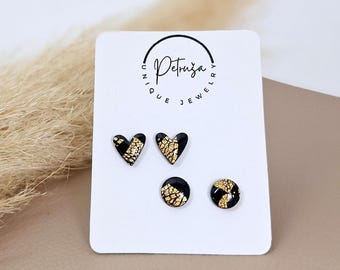 Black Gold Stud Earrings: Polymer Clay Dot Earrings, Set of 2
