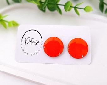 Wood orange stud earrings, large round earrings with resin