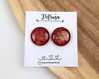 Wooden red gold stud earrings with resin, handmade earrings, unique jewelry
