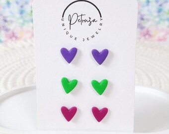 Heart Clay Stud Pack, Purple, Green, Magenta, Valentines Day Stud Earrings
