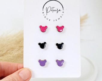 Mini Mouse Wooden Stud Earrings: Pink, Black & Purple