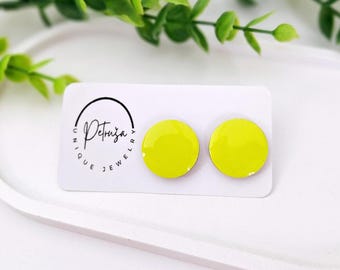 Wood neon yellow stud earrings, large round earrings with resin